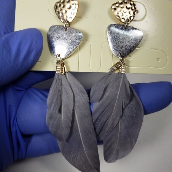 Women’s Two-Tone Feather Drop Dangle Earrings – 3" Stylish Statement Jewelry - Picture 5 of 7